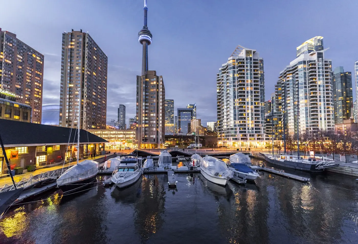 Toronto waterfront and the CN Tower at dusk