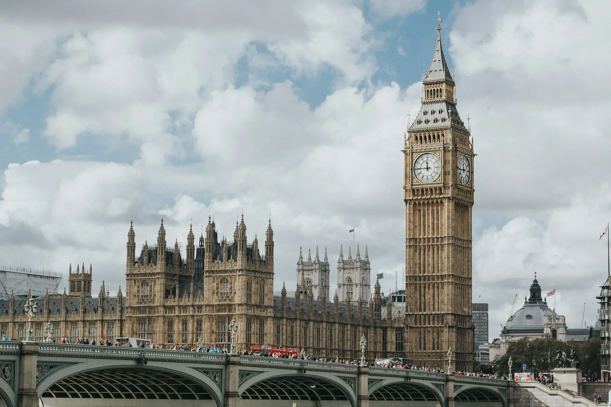 Big Ben and the Houses of Parliament beside Westminster Bridge, London
